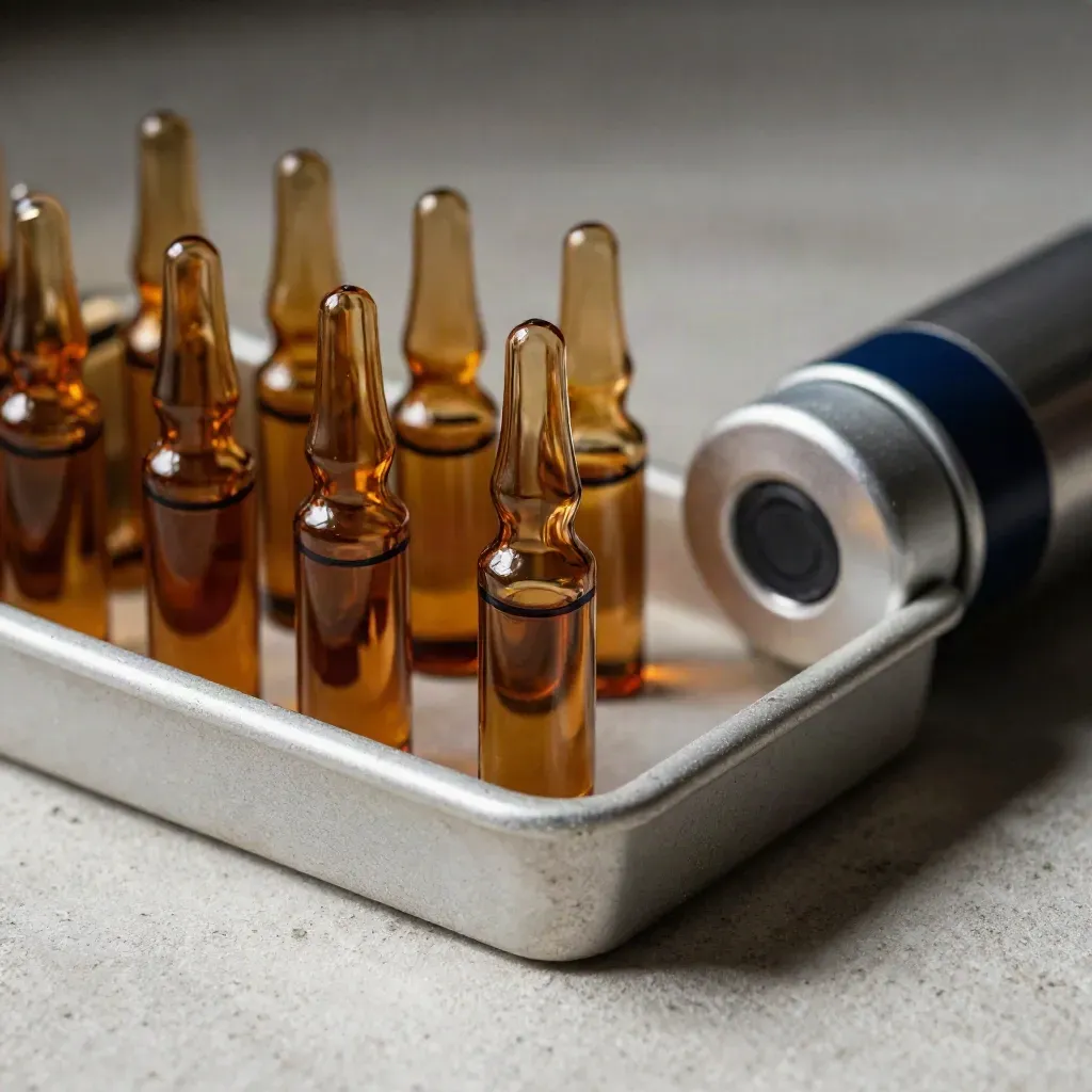 Amber ampoules, frosted tray, and steel sleeve on pale concrete in dramatic macro light