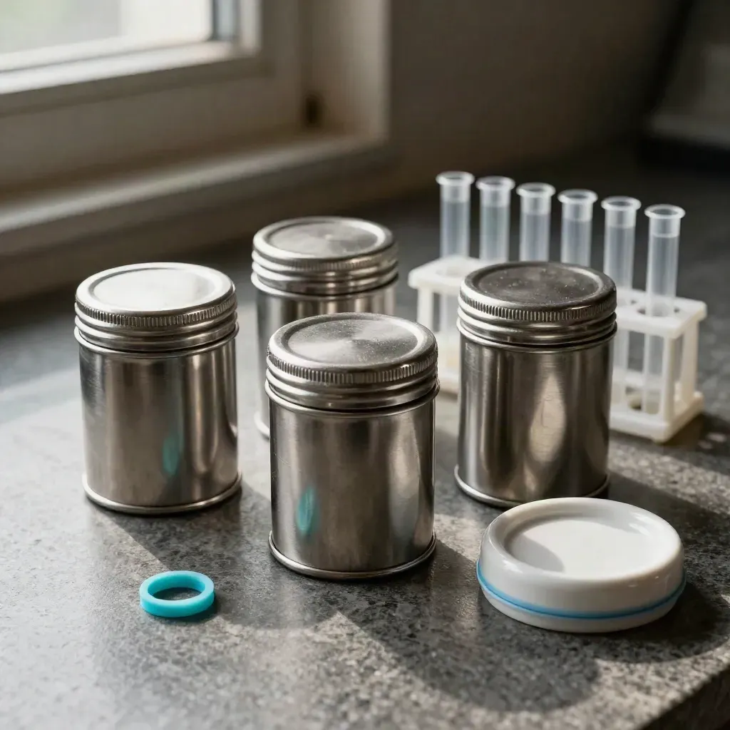 Brushed steel sample canisters, vial rack, and ceramic lid on cool stone with cyan accent.