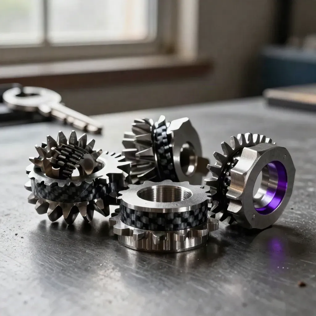 Machined aluminum gear blanks and hex collars on brushed graphite with violet accent