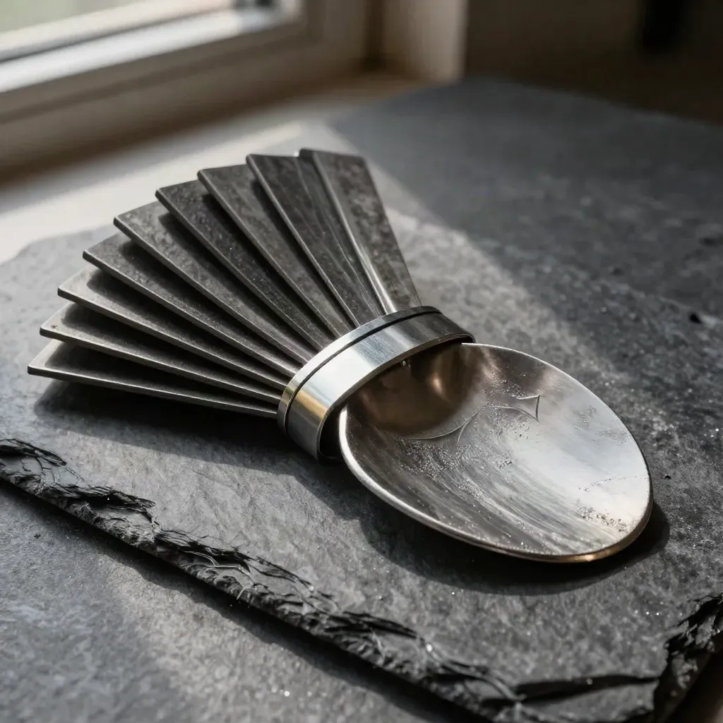 Ceramic turbine tiles, titanium strip, and graphite gasket on dark slate with soft side light.