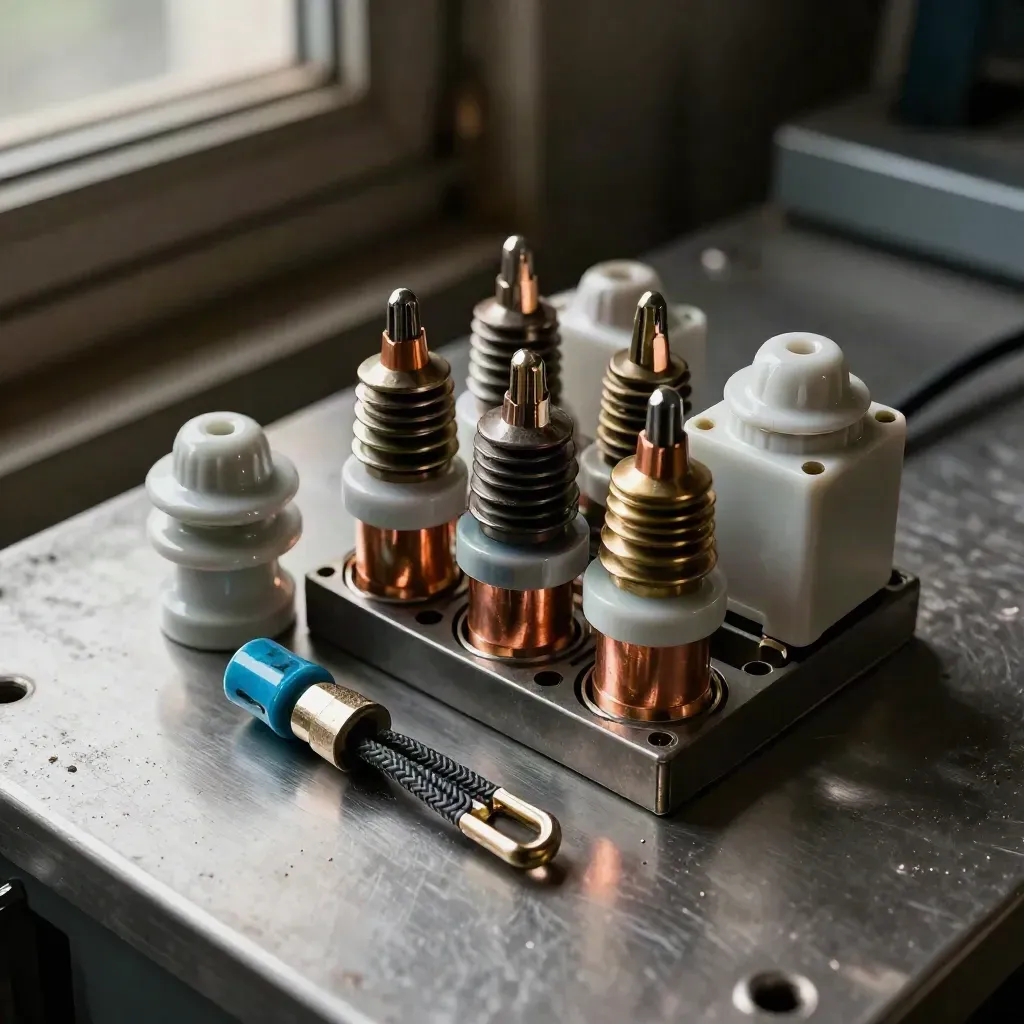 Macro of relay blocks, porcelain insulator cap, and braided cable lug on brushed steel.