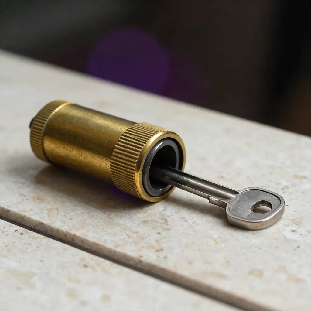 Brass lock cylinder, steel key blank, and cash-drawer insert on pale stone with dramatic light.