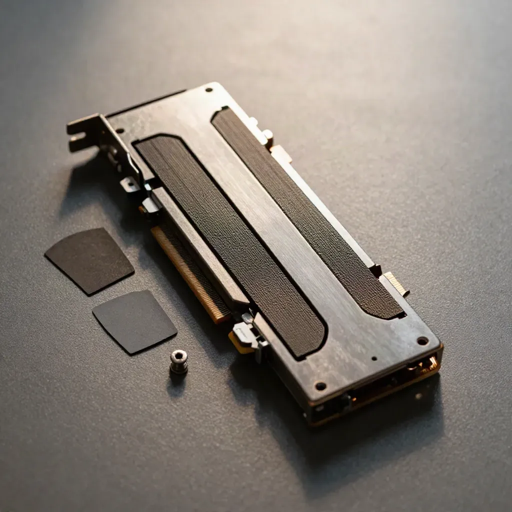 Macro of a GPU accelerator blade with cooling fins, thermal pad offcuts, and a standoff screw.