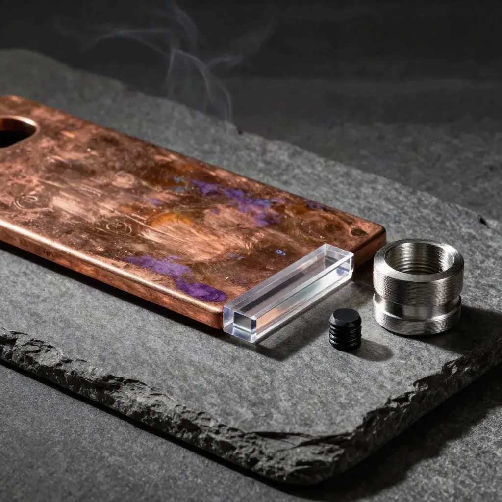 Copper cold plate, clear spacer, and black screw on graphite under dramatic side light
