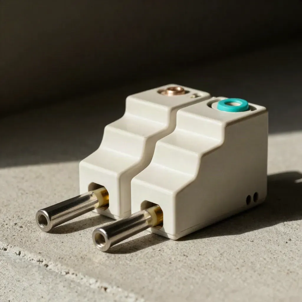 Relay block modules and cable ferrules on concrete with hard light and cyan accent