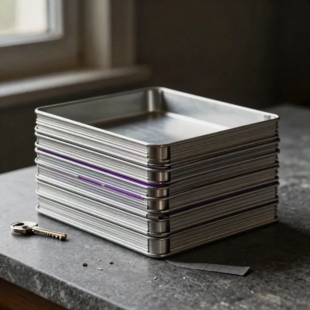 Aluminum archive cassettes nested in a stone tray with violet markers.