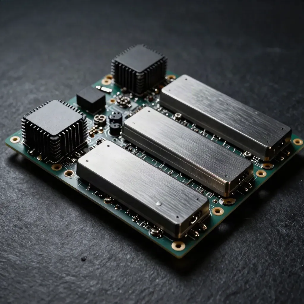 Three compute modules, heat sink, and nylon fasteners on dark slate in dramatic macro detail.