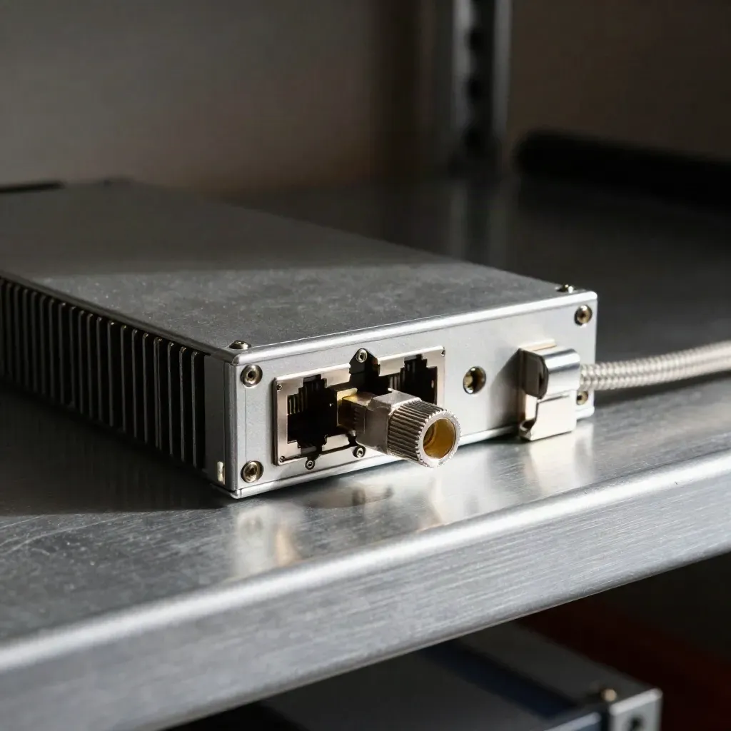 Precision transceiver, patch connector, and rack latch on brushed aluminum under hard light and mist.
