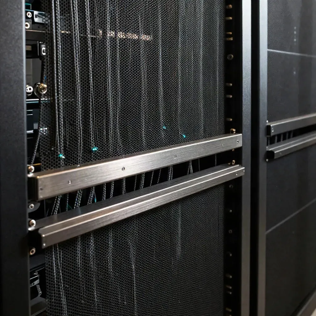Server rack mesh with braided cables, blank sleds and a perforated ear in cyan-lit haze.