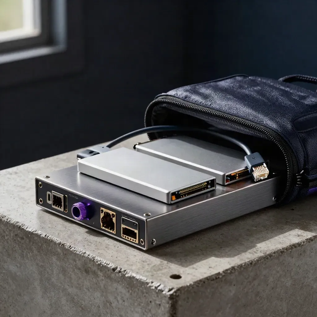 Compact compute node, two SSDs and coiled Ethernet lead in an open gear bag under soft light.