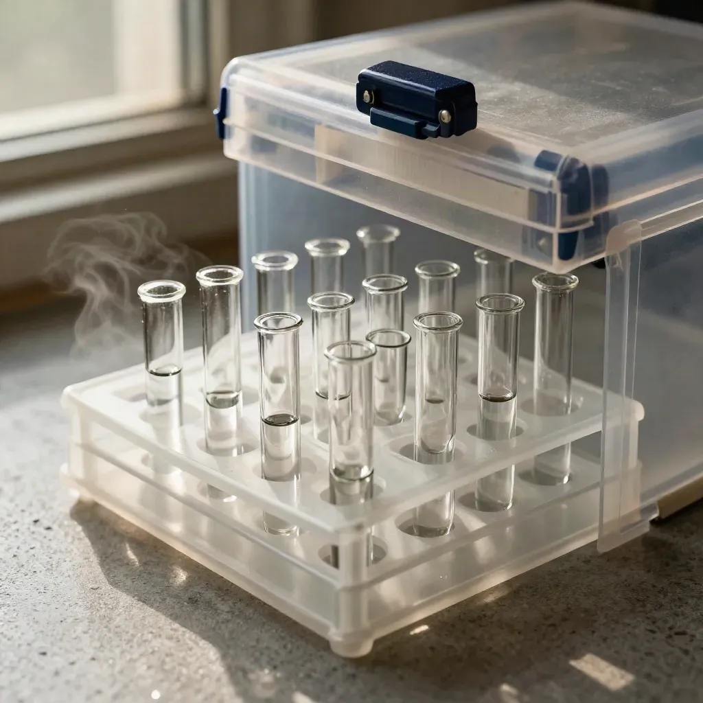 Macro lab still life with vial rack, frosted slide tray, and sealed sample box under a translucent hood.