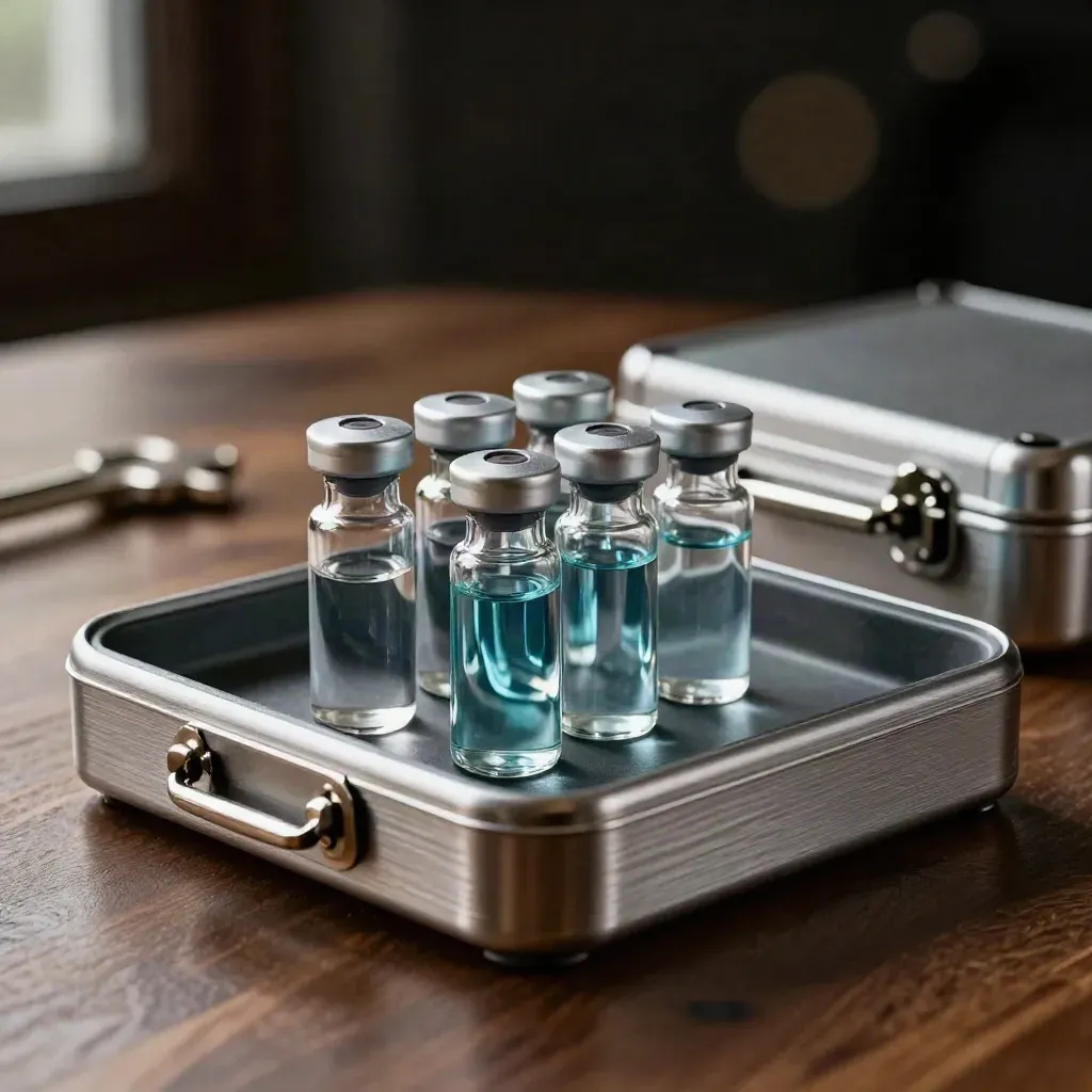 Glass vials, graphite tray, and steel case on walnut under dramatic light.