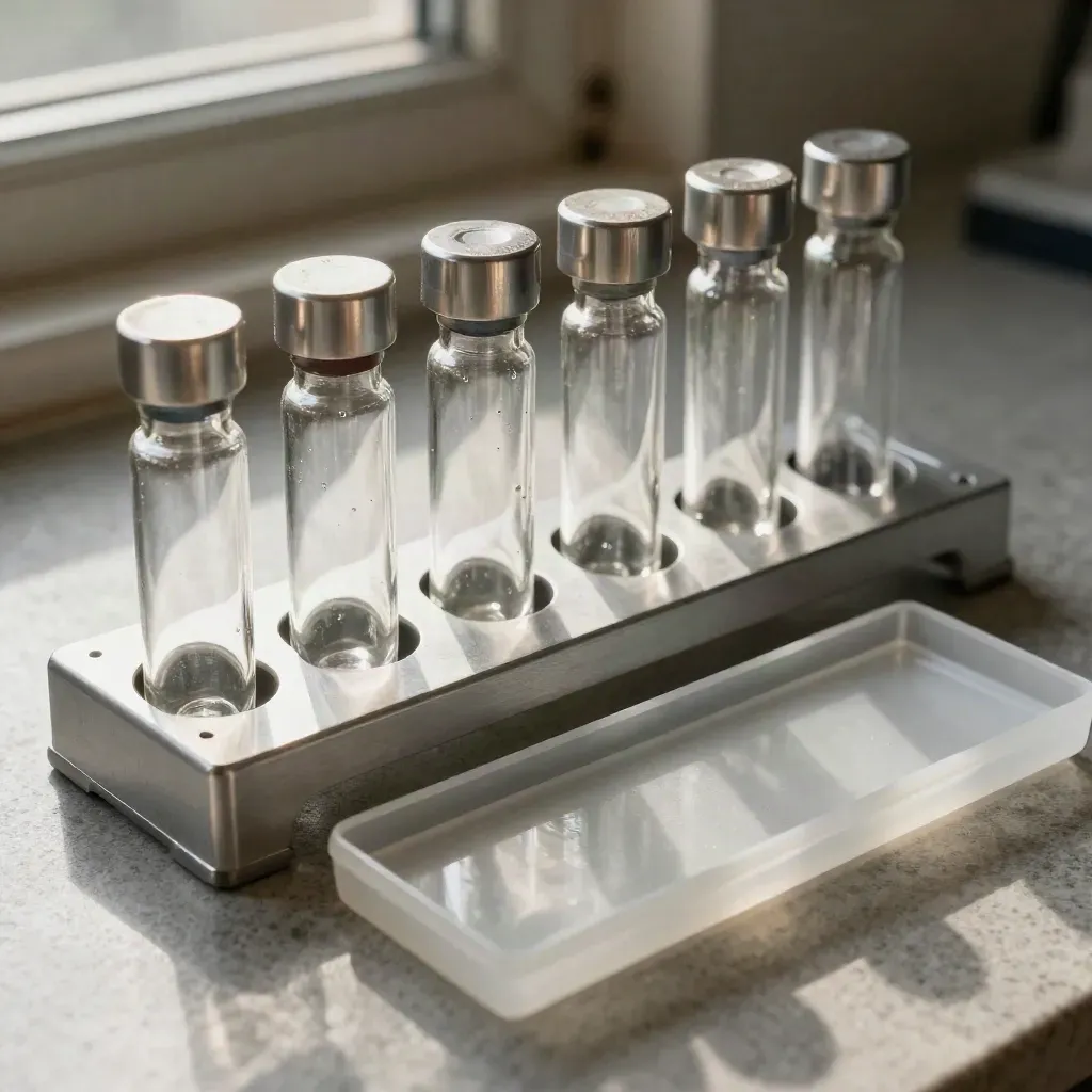 Glass vials, aluminum rack, and frosted tray aligned on stone in a premium top-down still life.