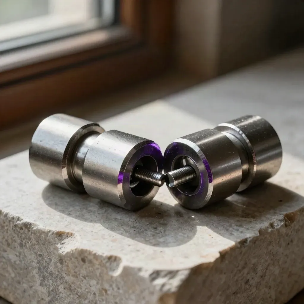Linked metal couplers and modular blocks on pale limestone with a violet accent