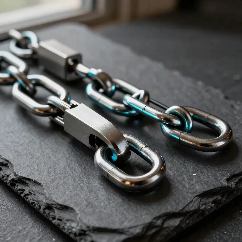 Brushed-steel rings, link plate, and connector block on dark slate, lit dramatically from above.