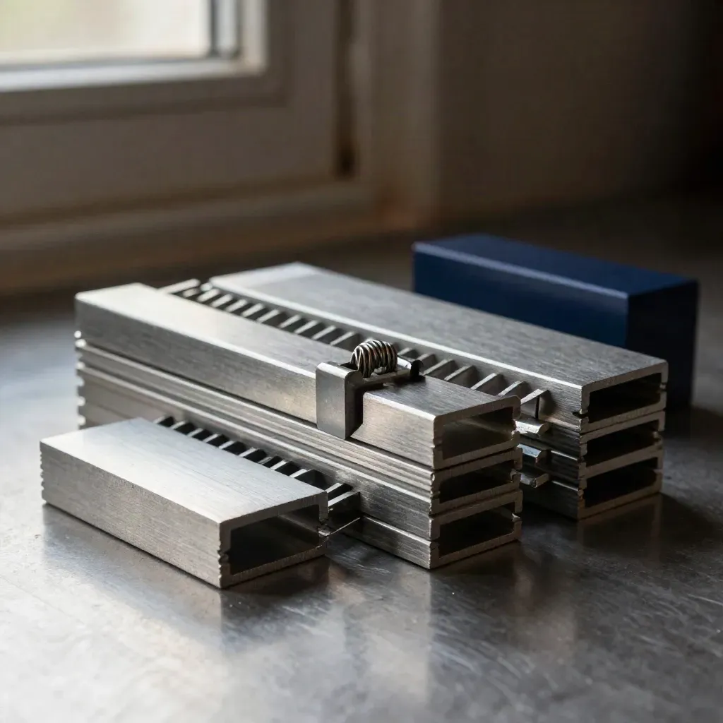 Macro of stacked aluminum spacers, toothed connector rail, and locking clip on brushed metal.