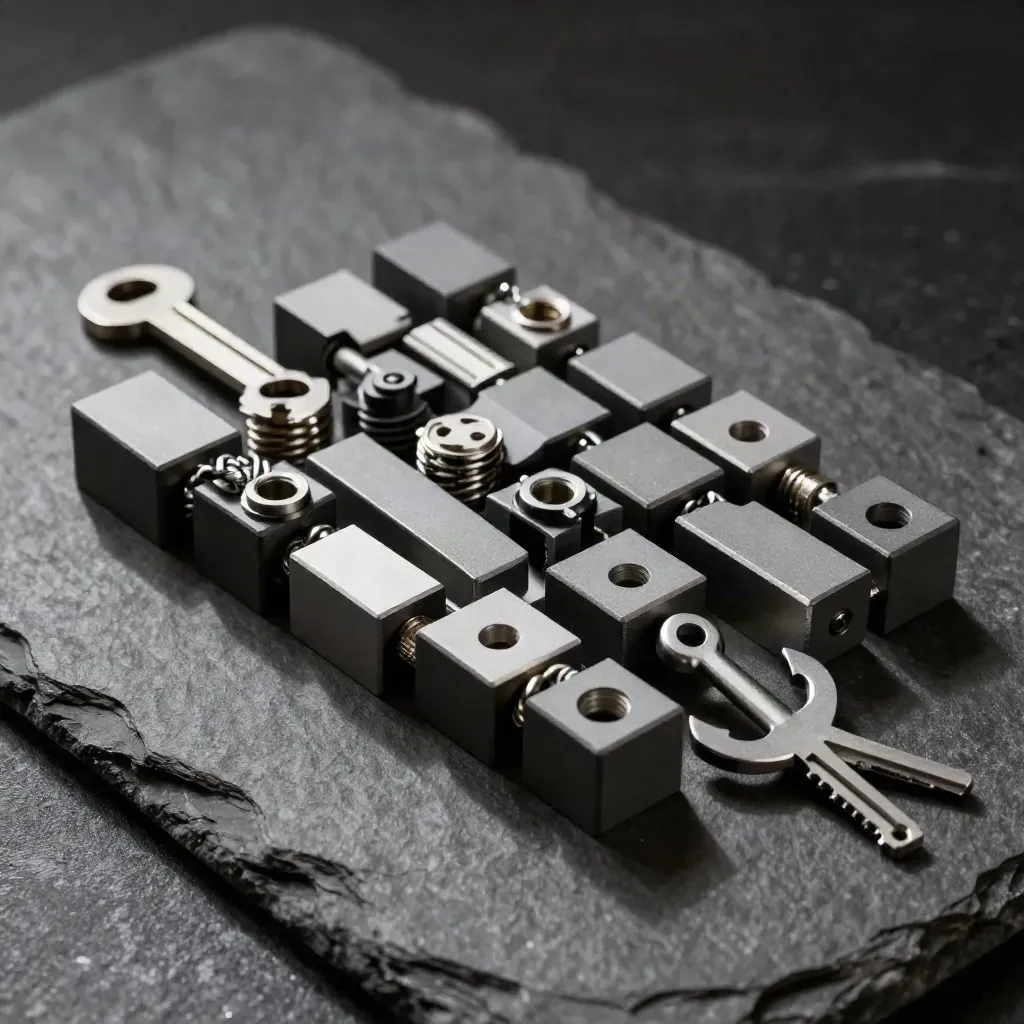 Graphite modular blocks, ferrules, and an anchor plate arranged in a precise diagonal flat lay.