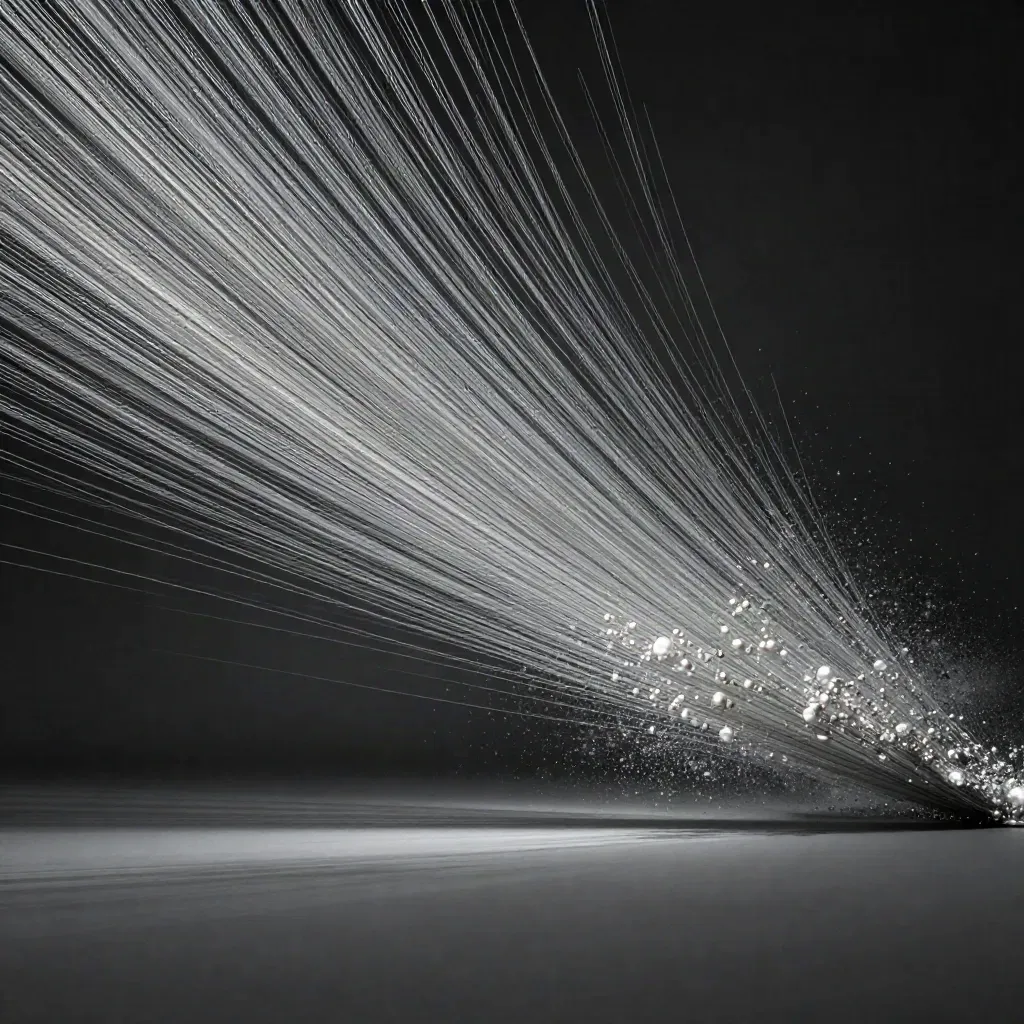 Silver filaments converge into a soft white bloom in a dark graphite void.
