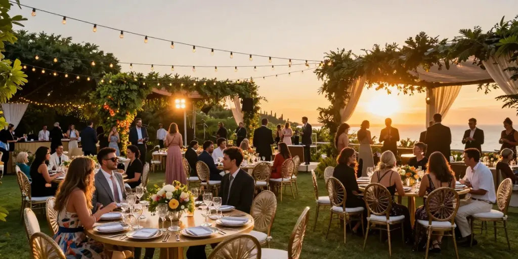 Event furniture rental showcasing elegant outdoor gala setup with stylish tables, chairs, and live entertainment.